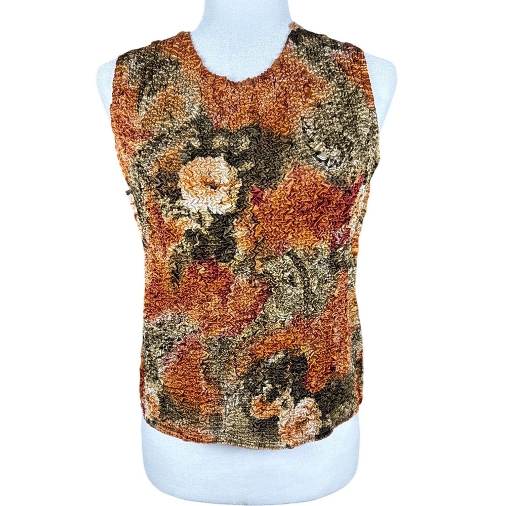 Vintage Style Popcorn Top Orange Olive Floral Bubble Scrunchy Sleeveless Blouse